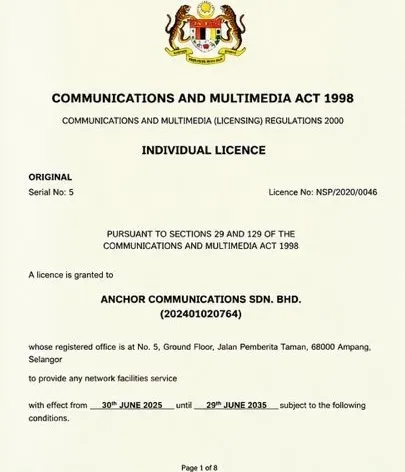Lesen Individu NSP/2020/0046 untuk Anchor Communications Sdn. Bhd.